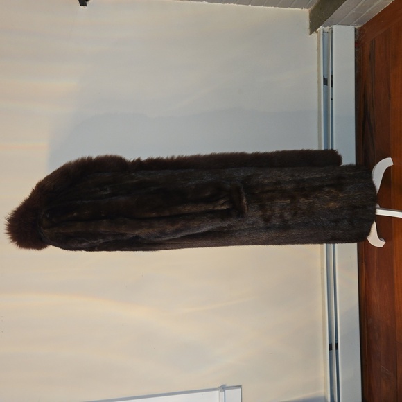 VTG Saga Tuxedo Mink Fur Full Length Coat With Fox Collar Trim Brown Medium - Picture 2 of 13